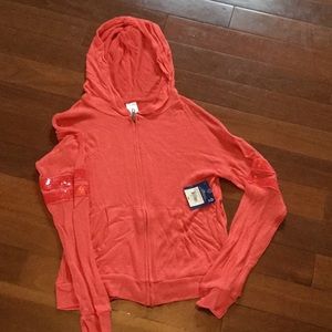 Coral Hooded Zip Cardigan w/Sequin Stripe Sleeves